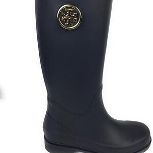 Tory Burch Black Sarah Gold Logo Rubber Tall Rain Boots 37568 Sz 9M Navy